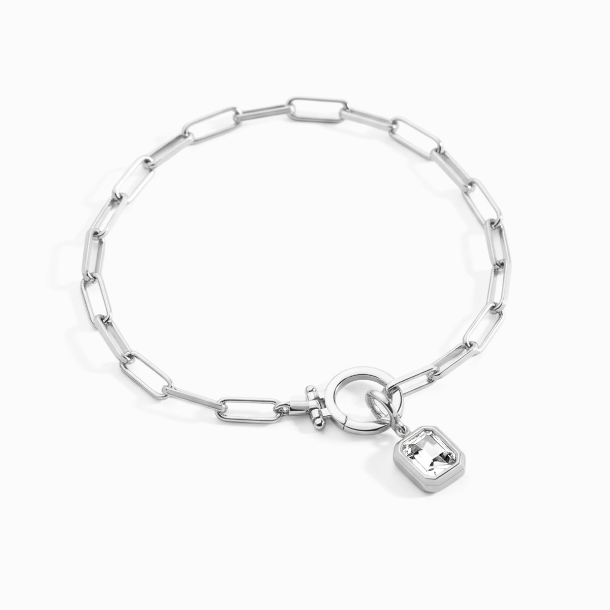 Baguette Birthstone Charm on Mint Paperclip Bracelet