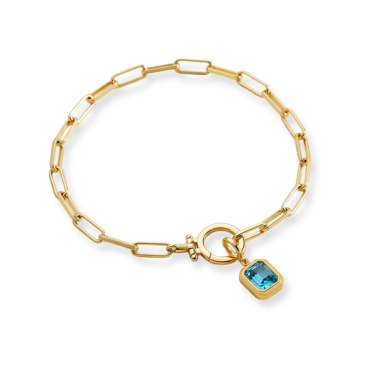 Baguette Birthstone Charm on Mint Paperclip Bracelet