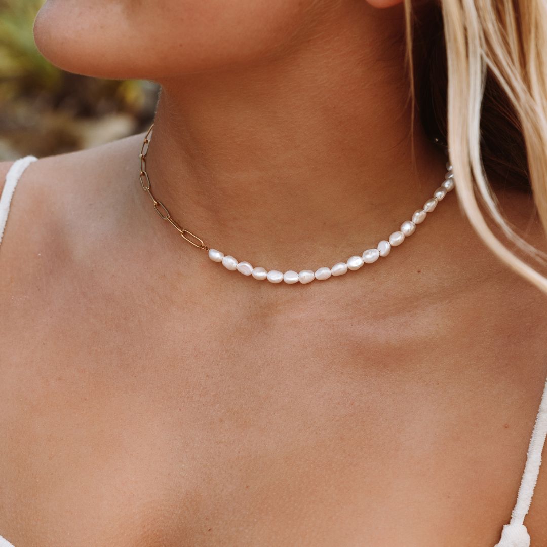 Half Pearl Half Link Choker