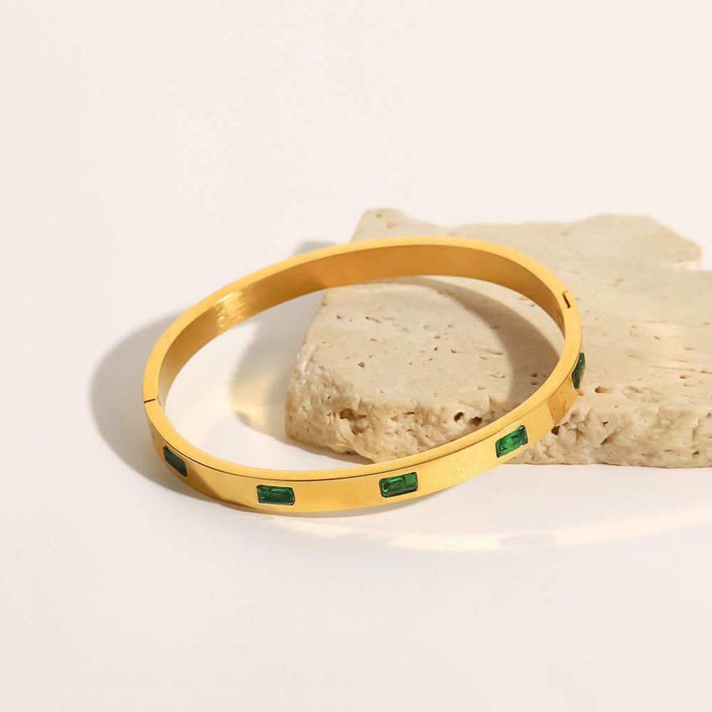 Gold Bangle Bracelet with Green Gemstone