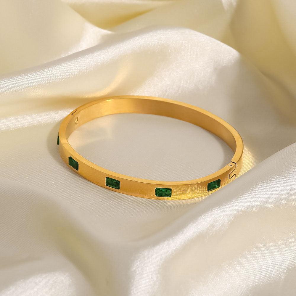 Gold Bangle Bracelet with Green Gemstone