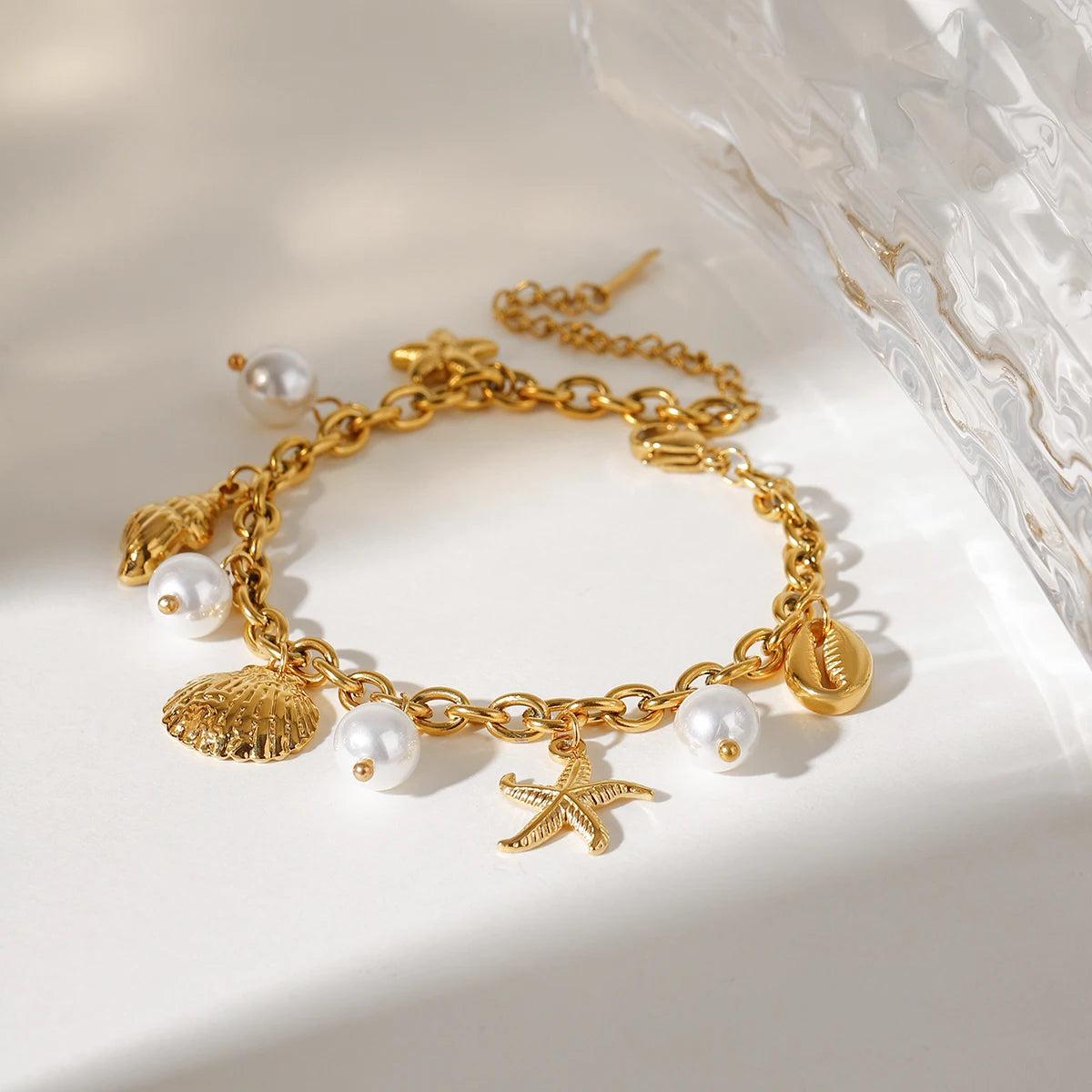 Gold Shell & Pearl Charm Bracelet