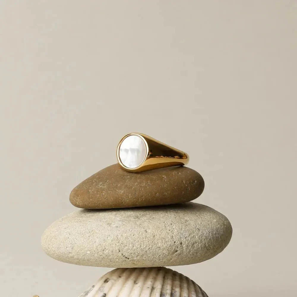 Gold Signet Ring with Iridescent Shell