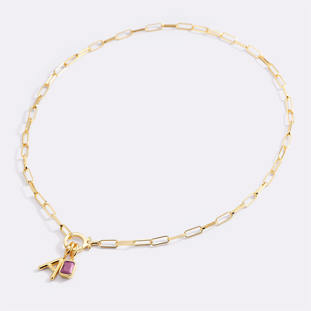 Voure Paperclip Necklace with Initial & Birthstone Charm