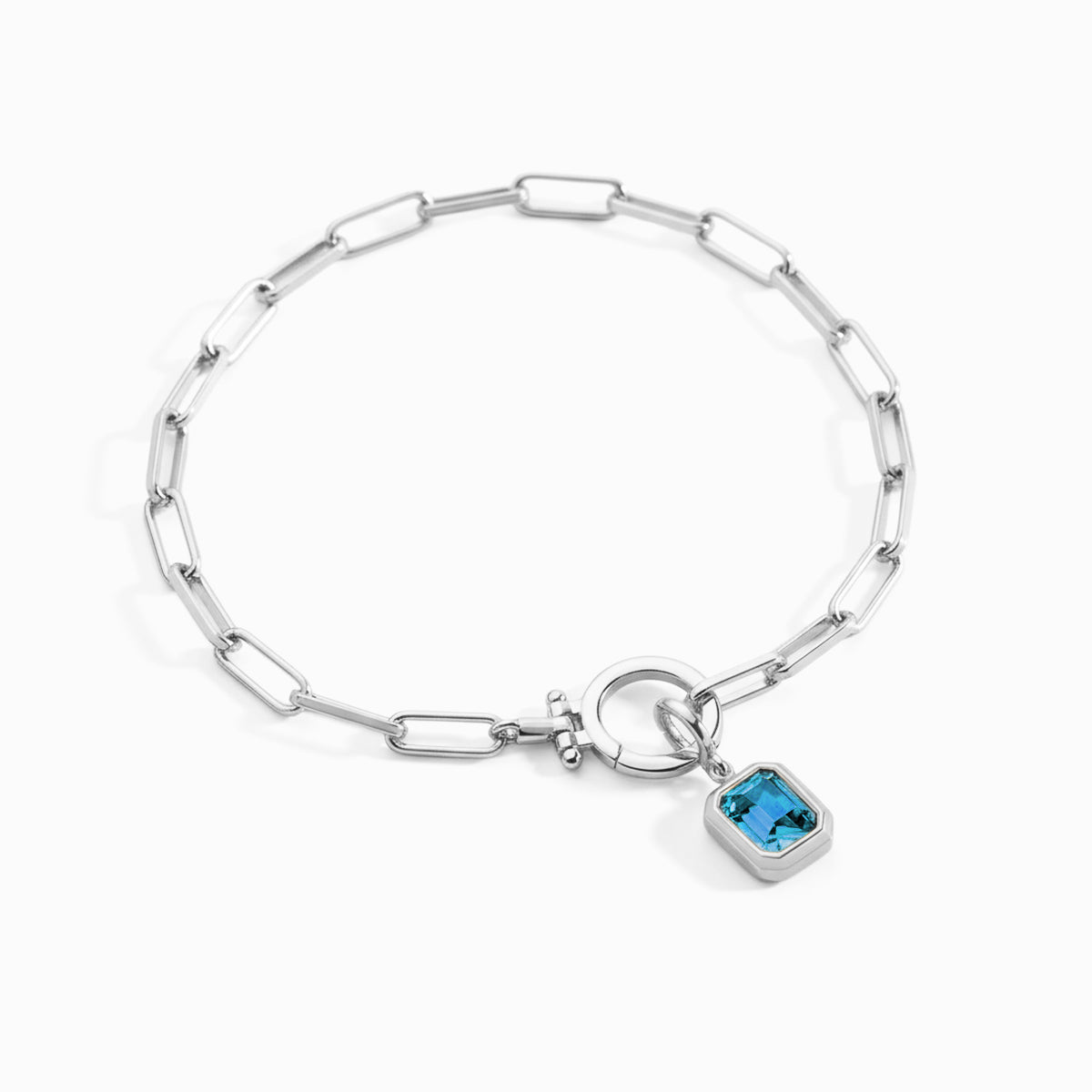 Baguette Birthstone Charm on Mint Paperclip Bracelet