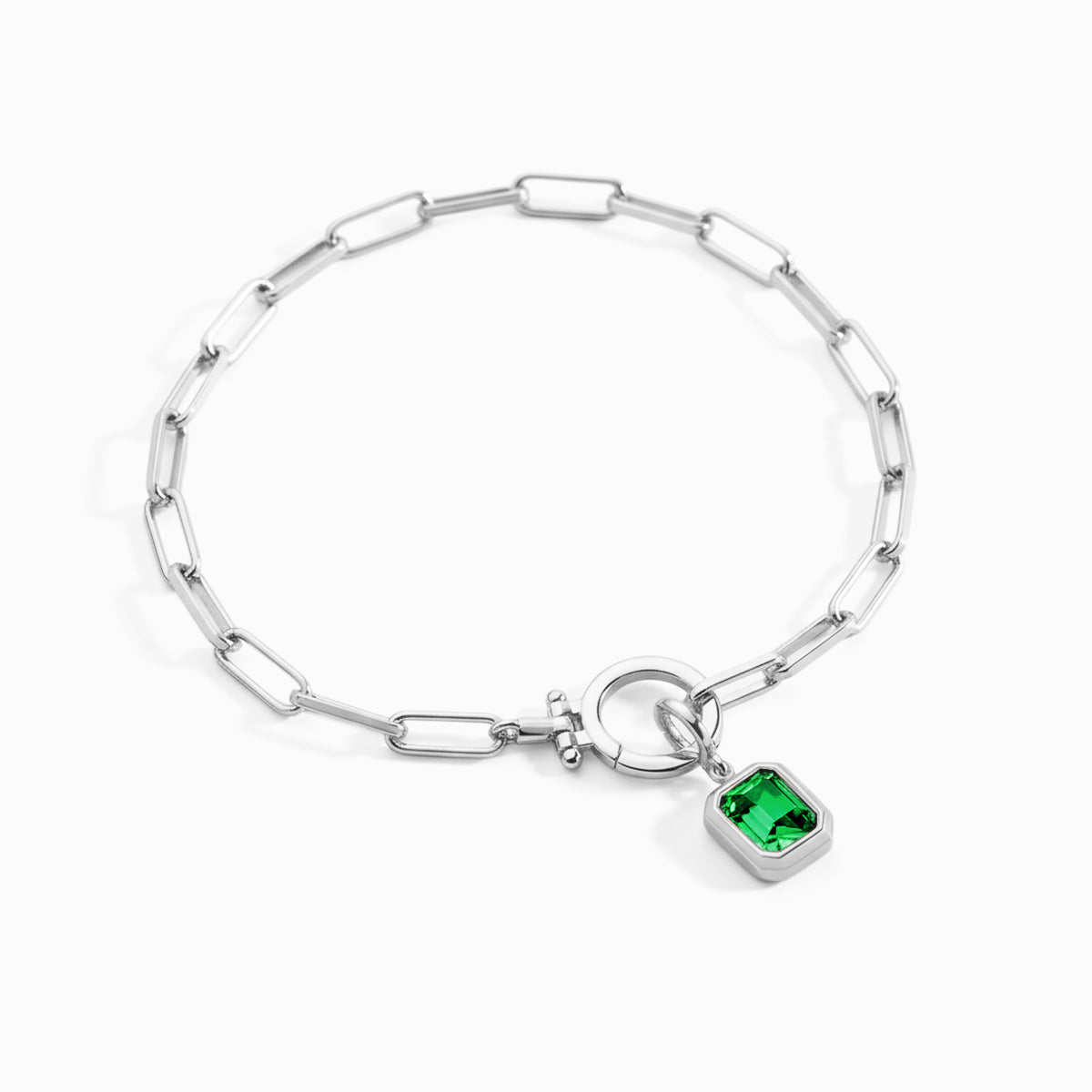 Baguette Birthstone Charm on Mint Paperclip Bracelet