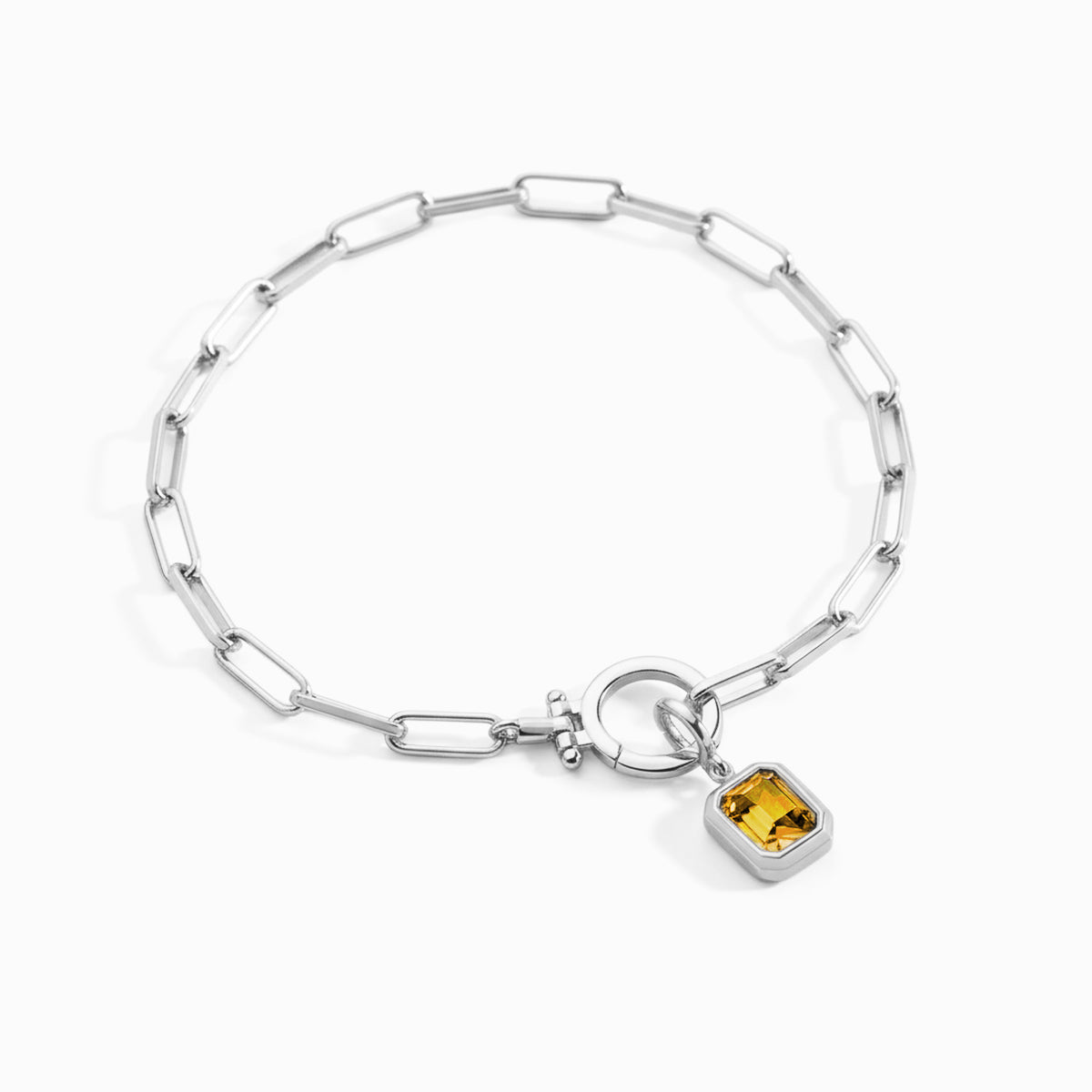 Baguette Birthstone Charm on Mint Paperclip Bracelet