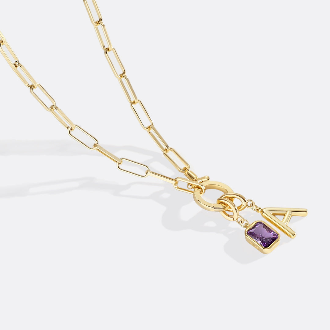 Voure Paperclip Necklace with Initial & Birthstone Charm