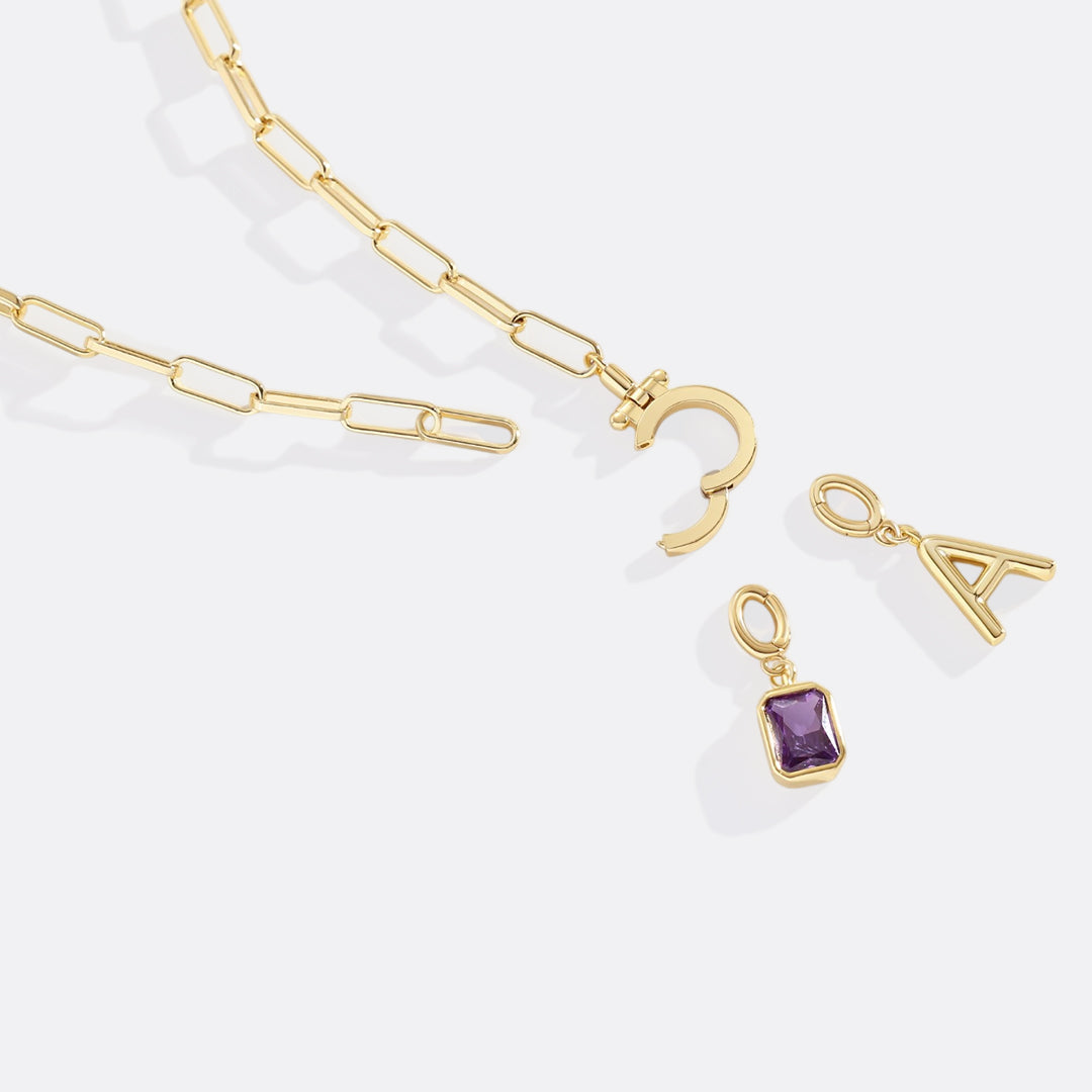Voure Paperclip Necklace with Initial & Birthstone Charm