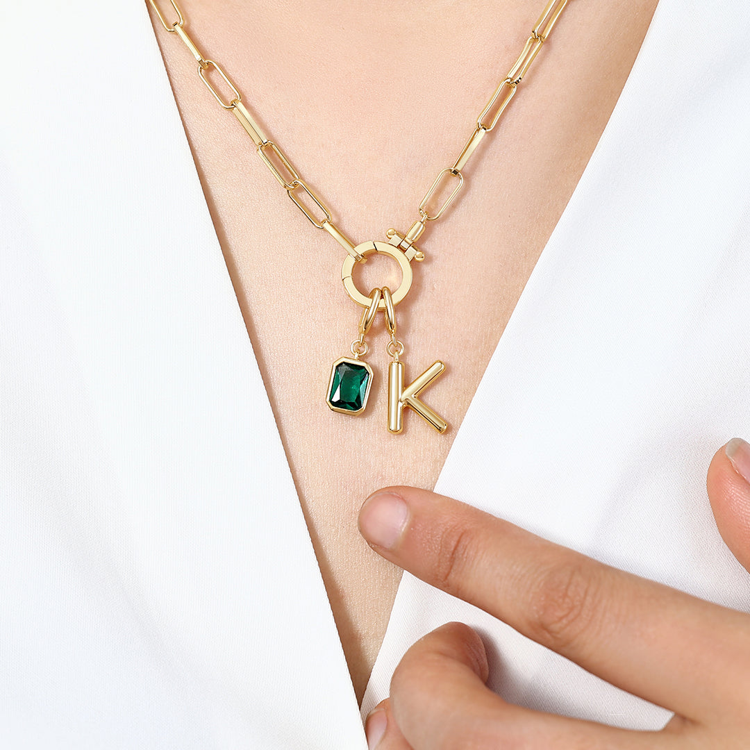 Voure Paperclip Necklace with Initial & Birthstone Charm