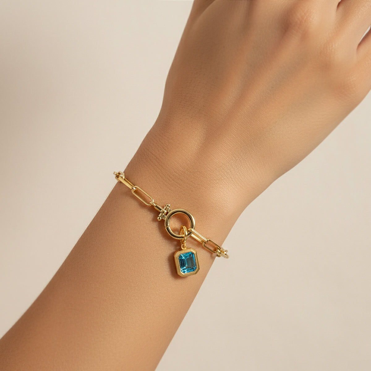 Baguette Birthstone Charm on Mint Paperclip Bracelet