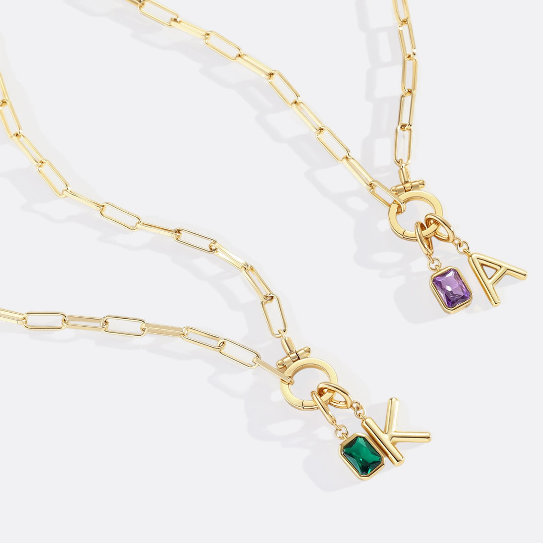 Voure Paperclip Necklace with Initial & Birthstone Charm