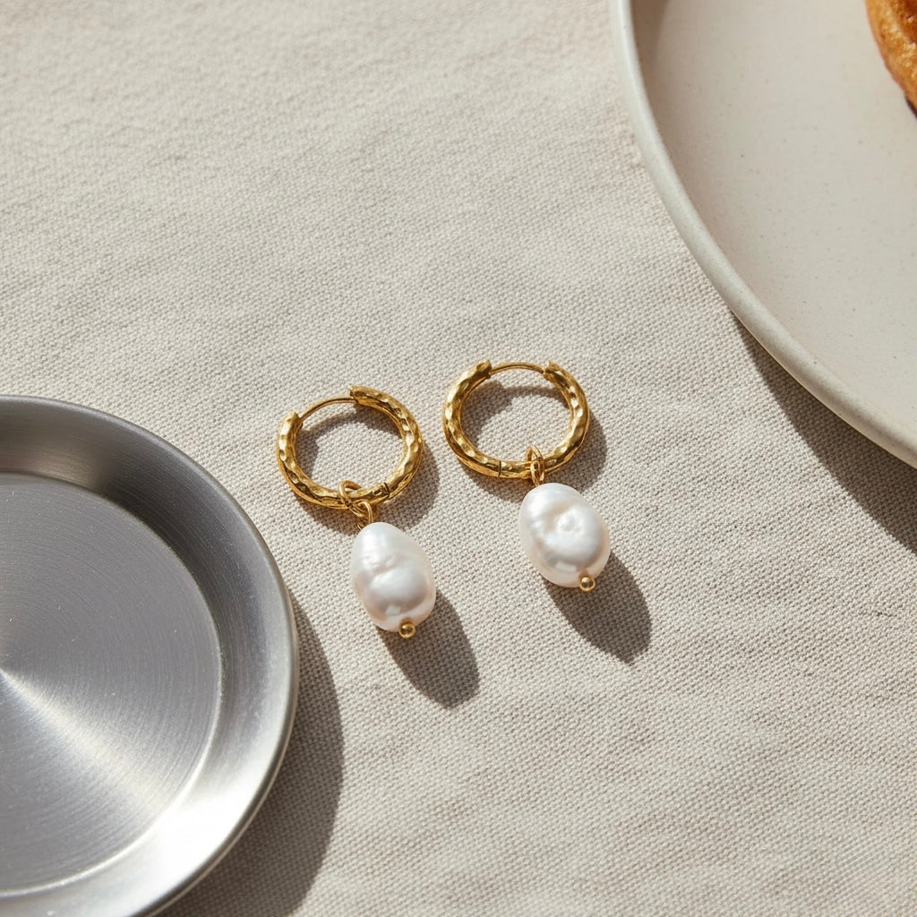 Gold Hammered Pearl Hoop Earrings