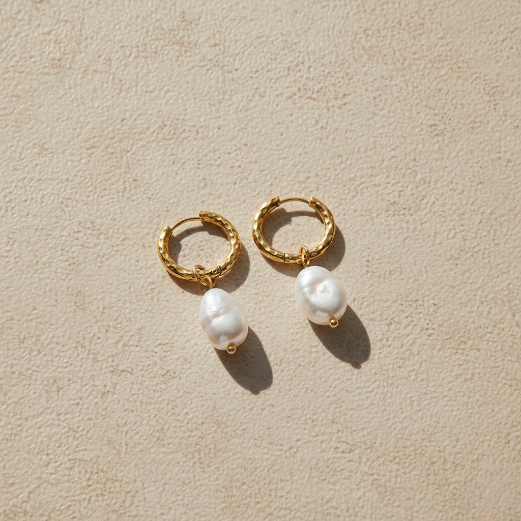 Gold Hammered Pearl Hoop Earrings