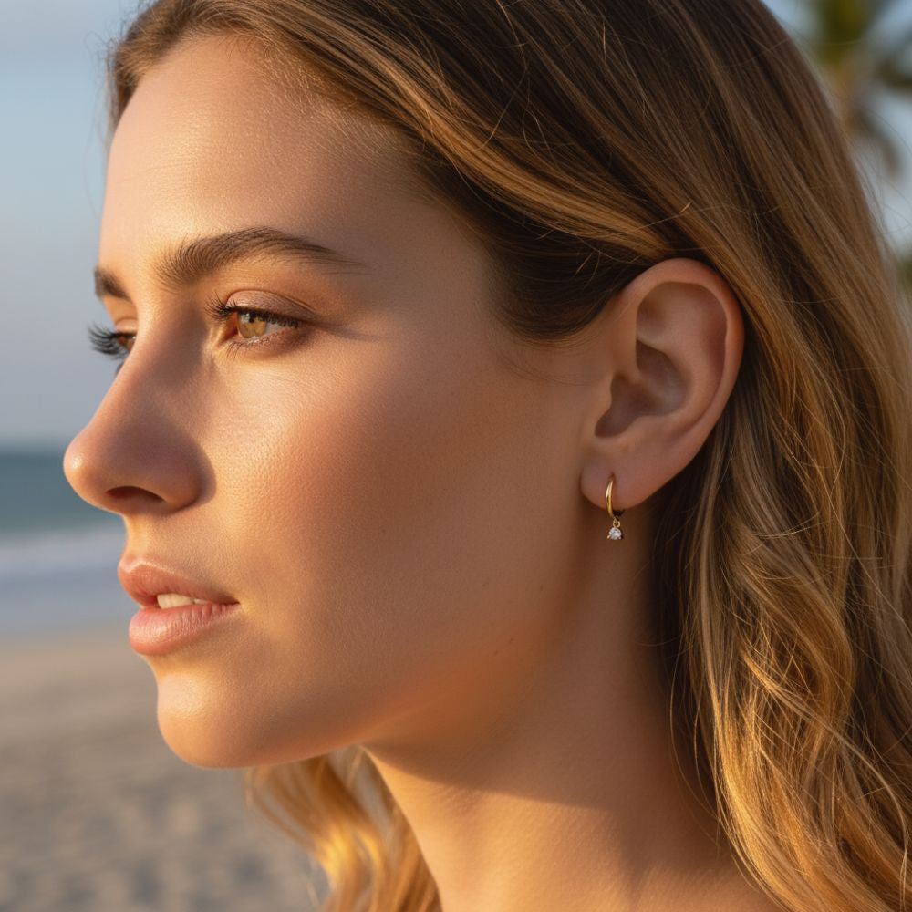 Huggie Earrings with Dangling Stone