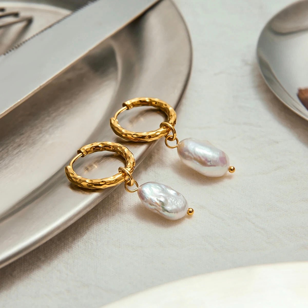 Gold Hammered Pearl Hoop Earrings