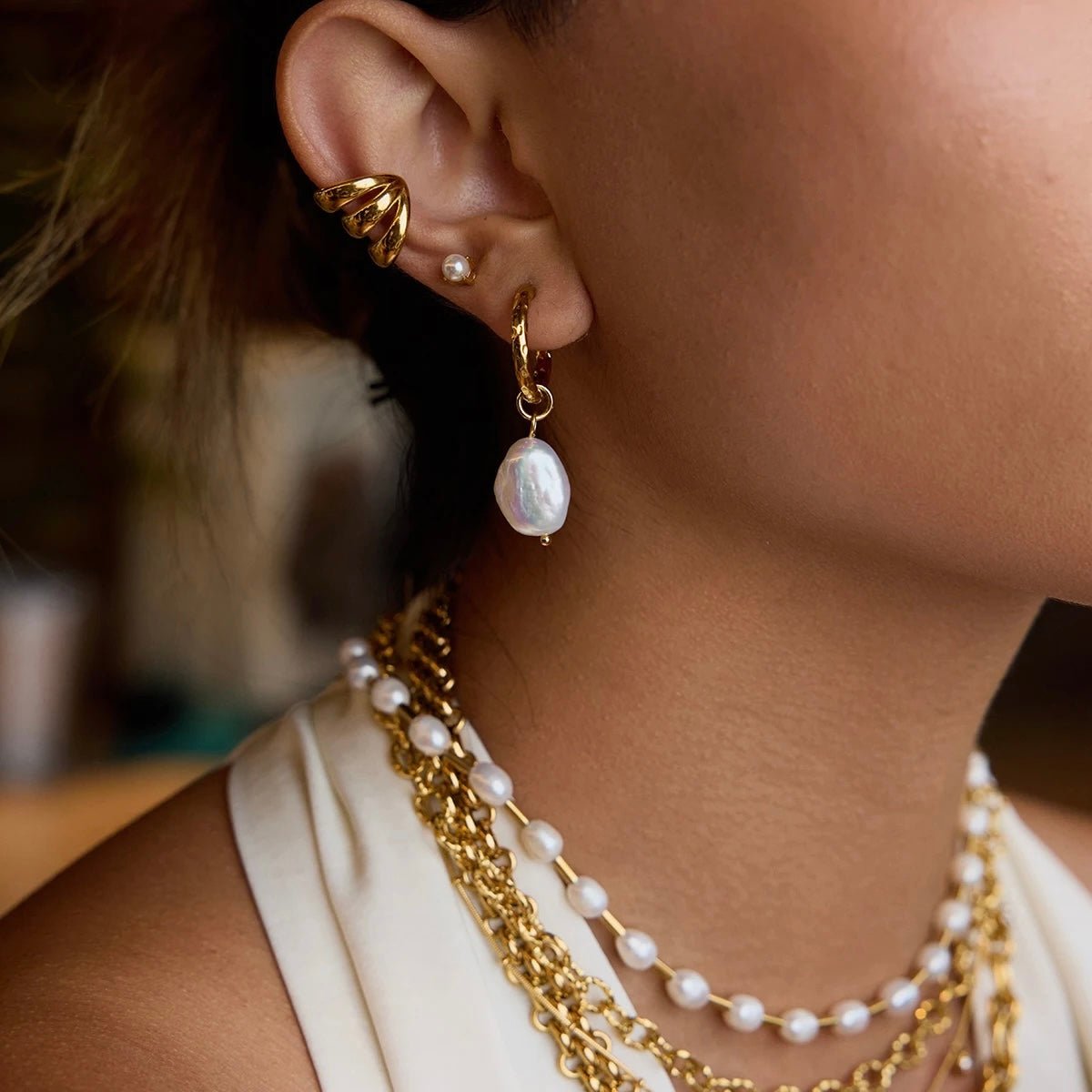 Gold Hammered Pearl Hoop Earrings