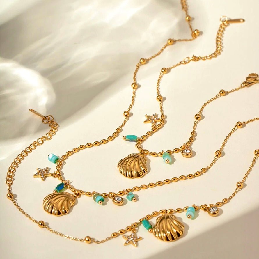 Gold Shell Jewelry – Turquoise Beaded Necklace, Bracelet, or Set