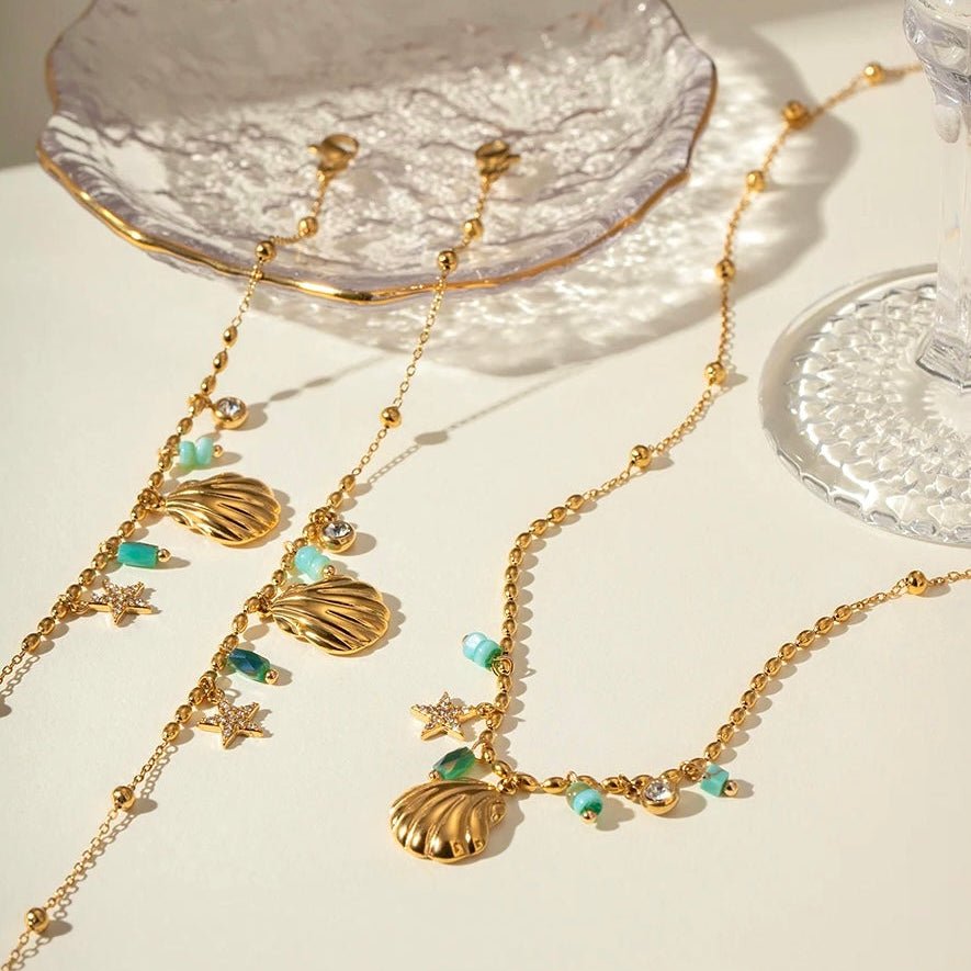 Gold Shell Jewelry – Turquoise Beaded Necklace, Bracelet, or Set