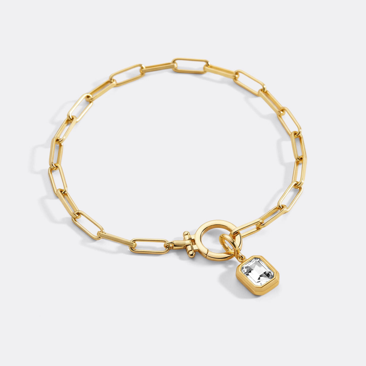 Baguette Birthstone Charm on Mint Paperclip Bracelet