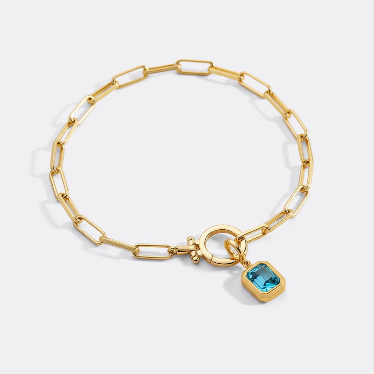 Baguette Birthstone Charm on Mint Paperclip Bracelet