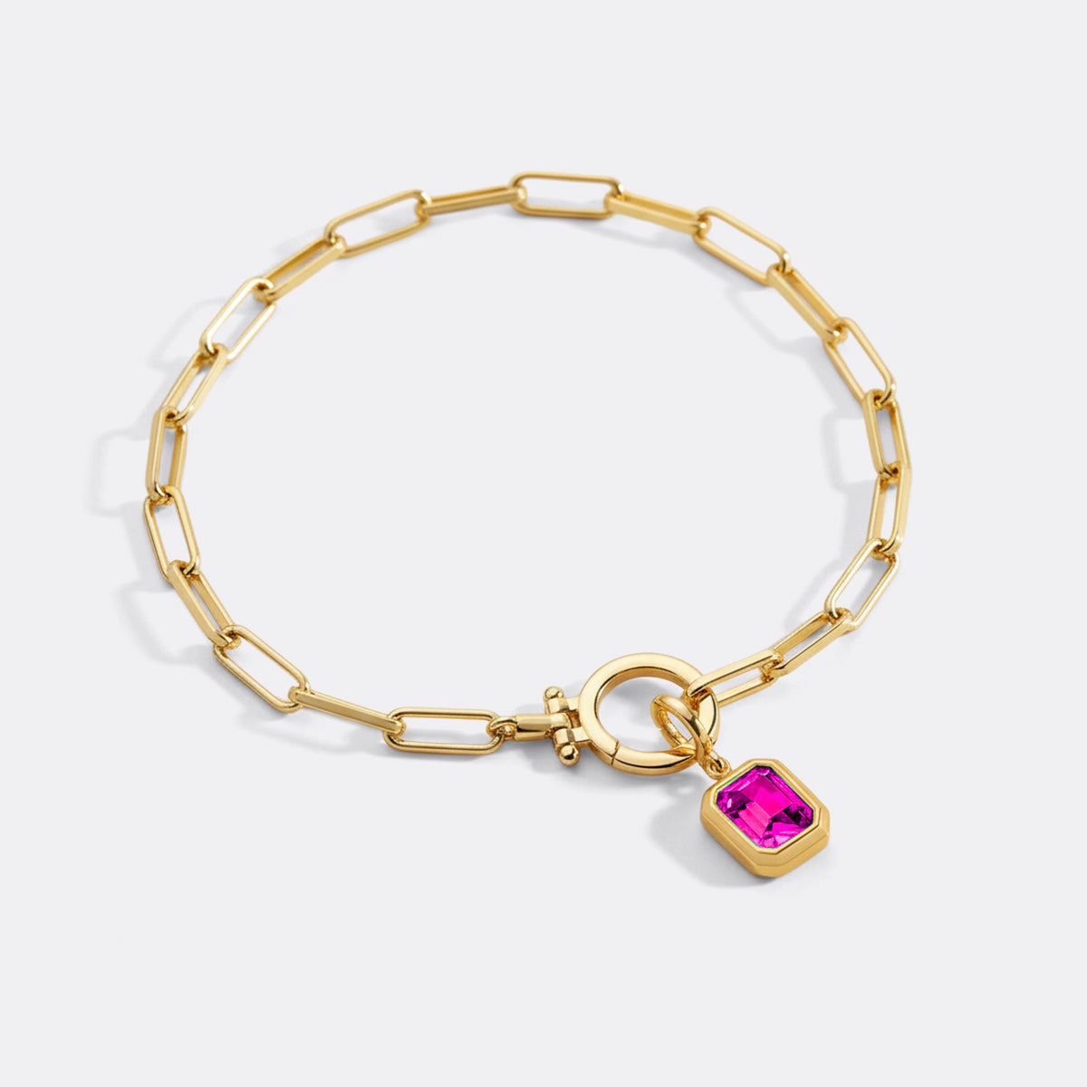 Baguette Birthstone Charm on Mint Paperclip Bracelet