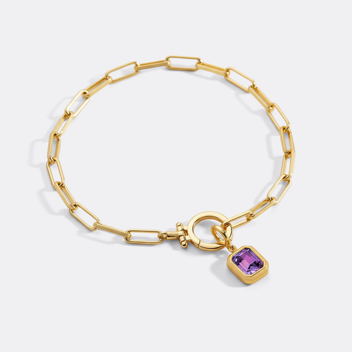 Baguette Birthstone Charm on Mint Paperclip Bracelet