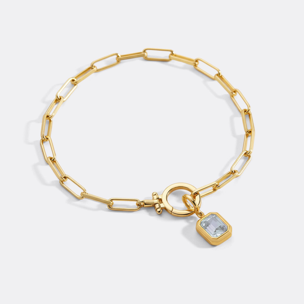 Baguette Birthstone Charm on Mint Paperclip Bracelet