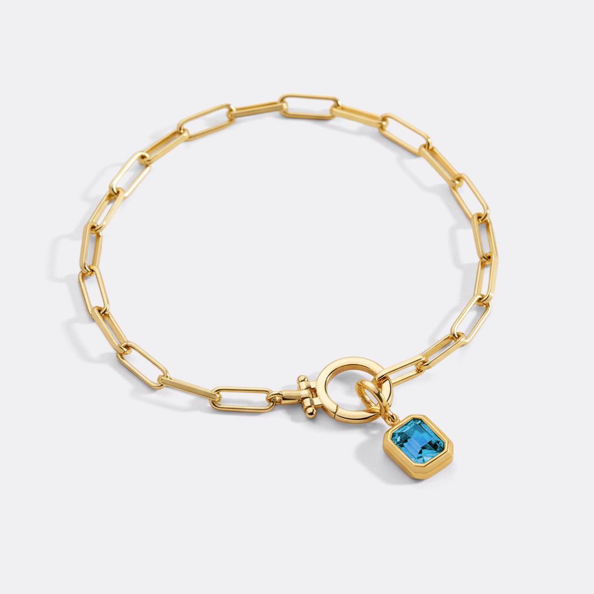 Baguette Birthstone Charm on Mint Paperclip Bracelet