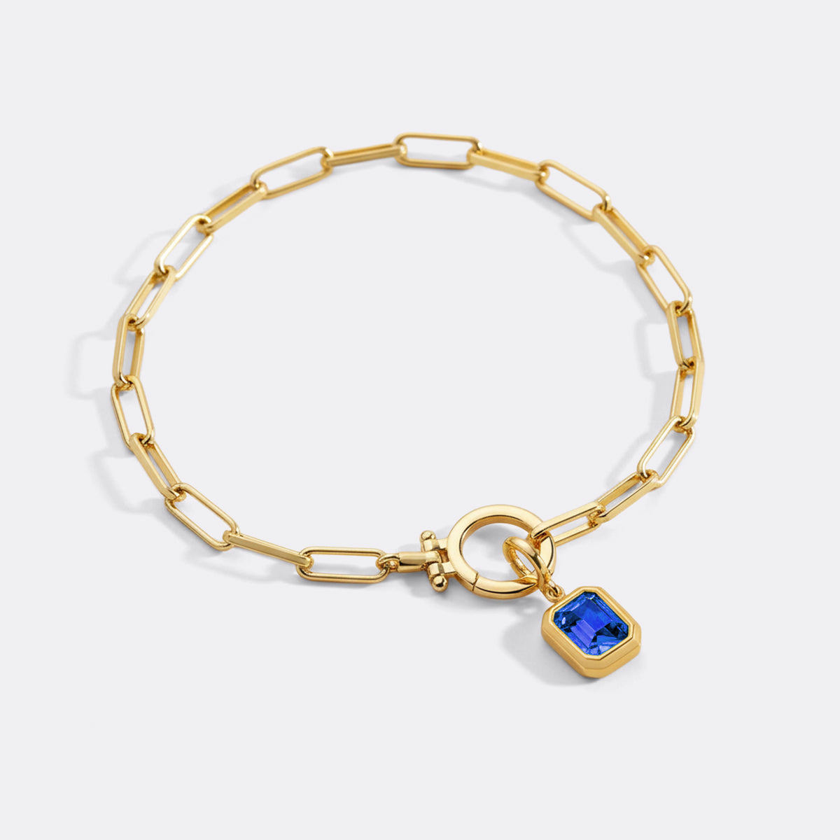 Baguette Birthstone Charm on Mint Paperclip Bracelet