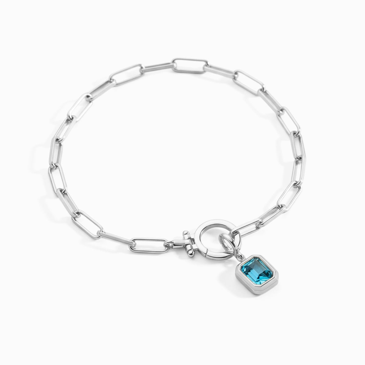 Baguette Birthstone Charm on Mint Paperclip Bracelet