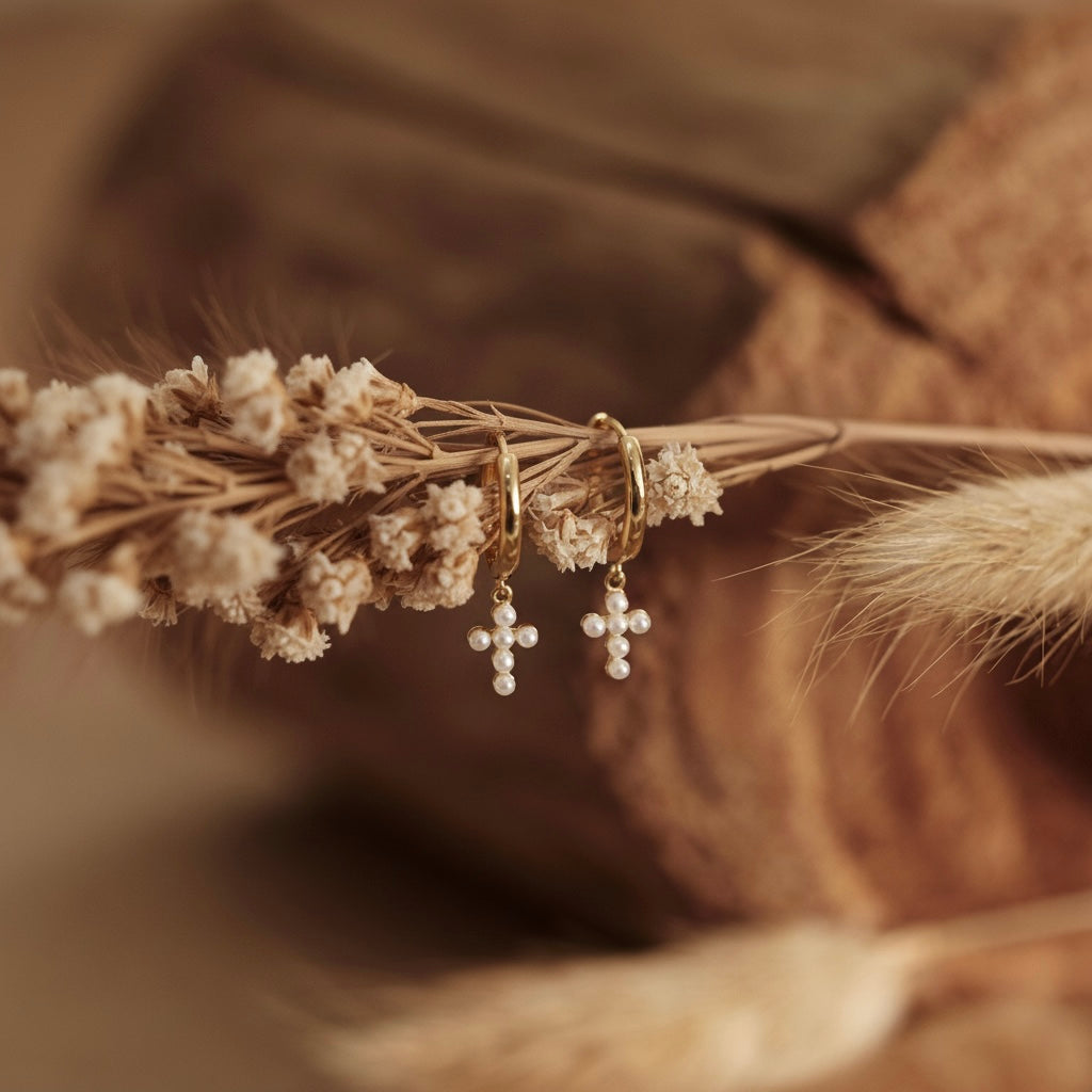 Pearl Cross Hoop Earrings