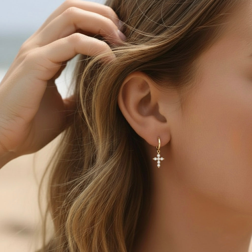 Pearl Cross Hoop Earrings