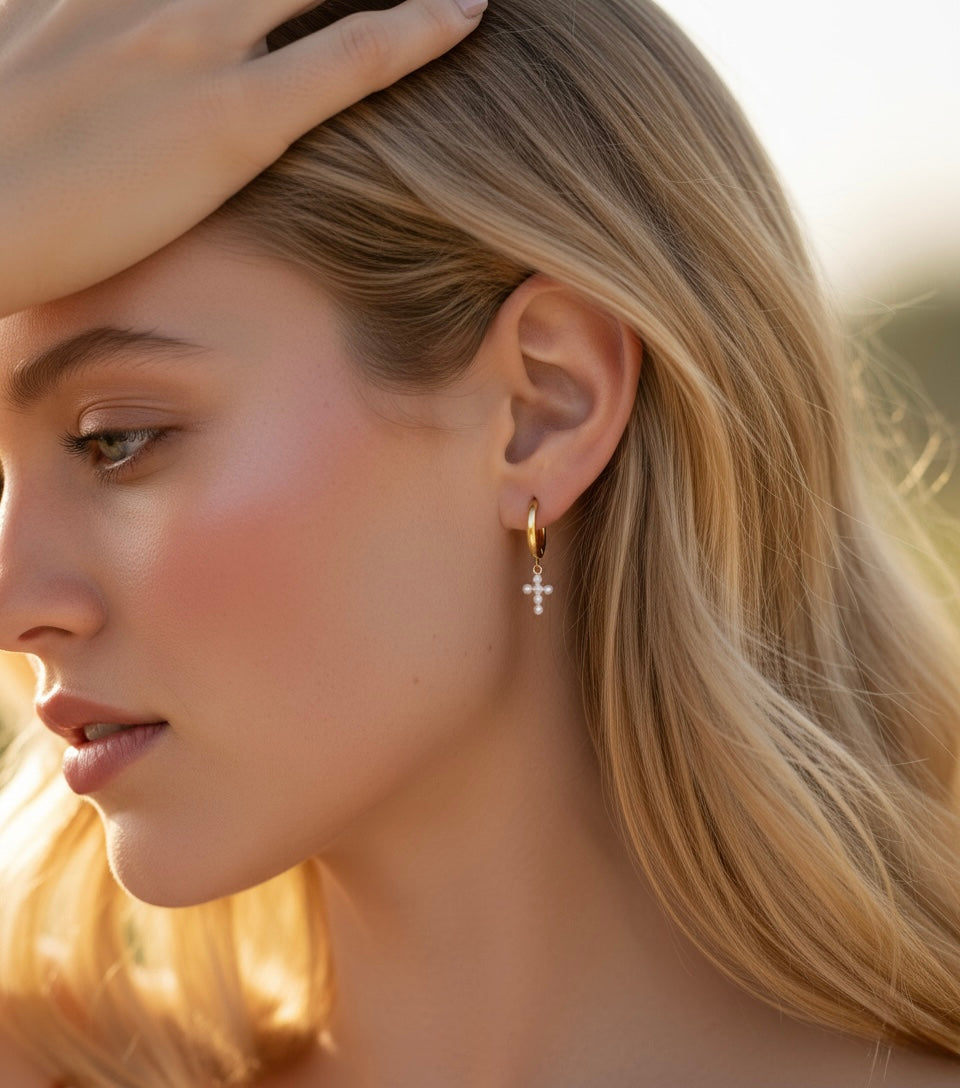 Pearl Cross Hoop Earrings
