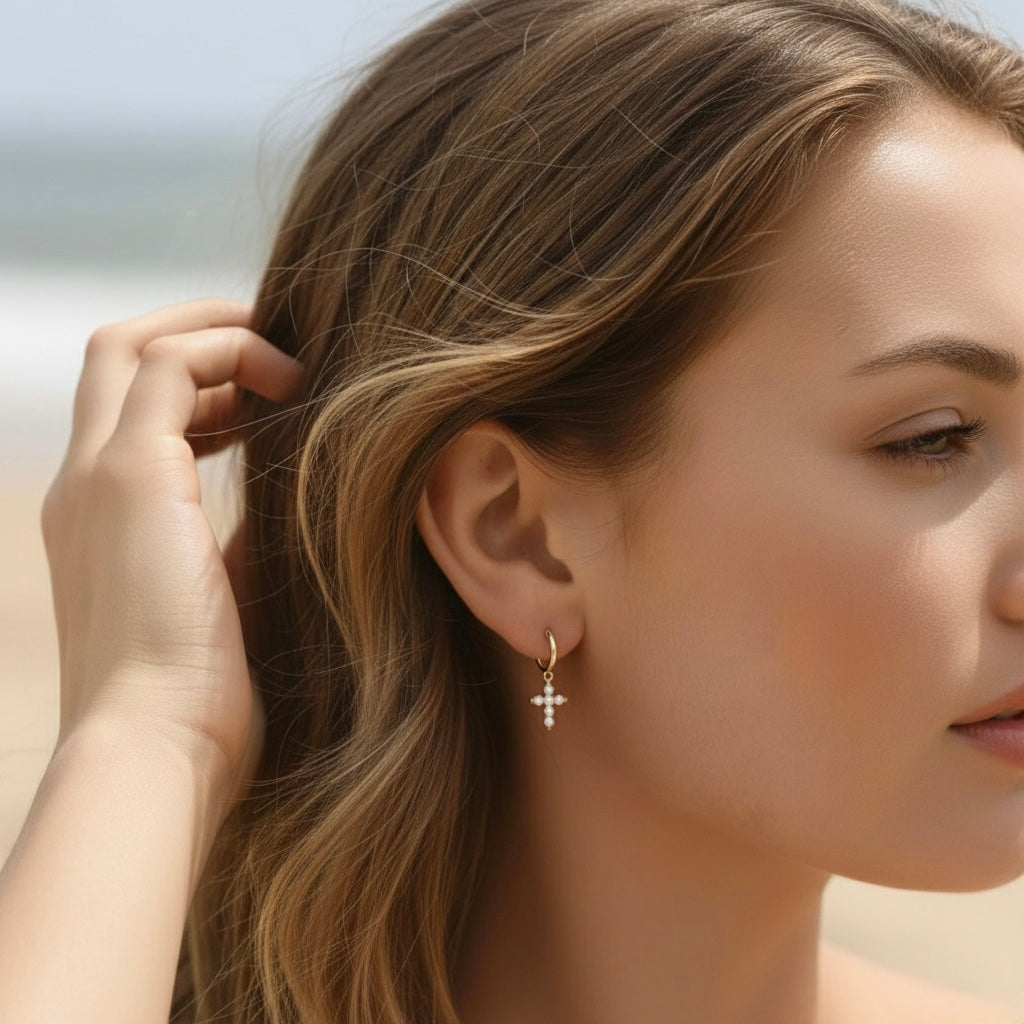 Pearl Cross Hoop Earrings
