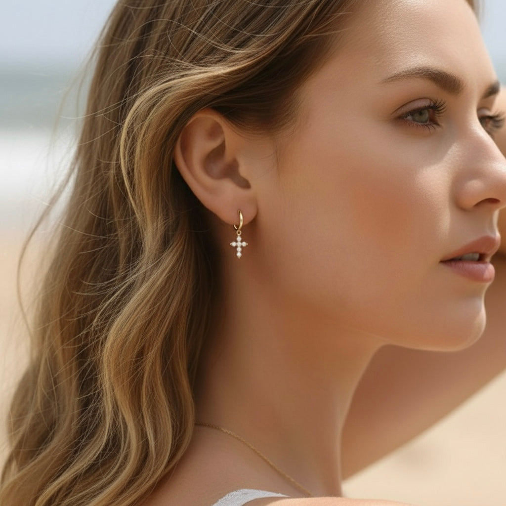 Pearl Cross Hoop Earrings