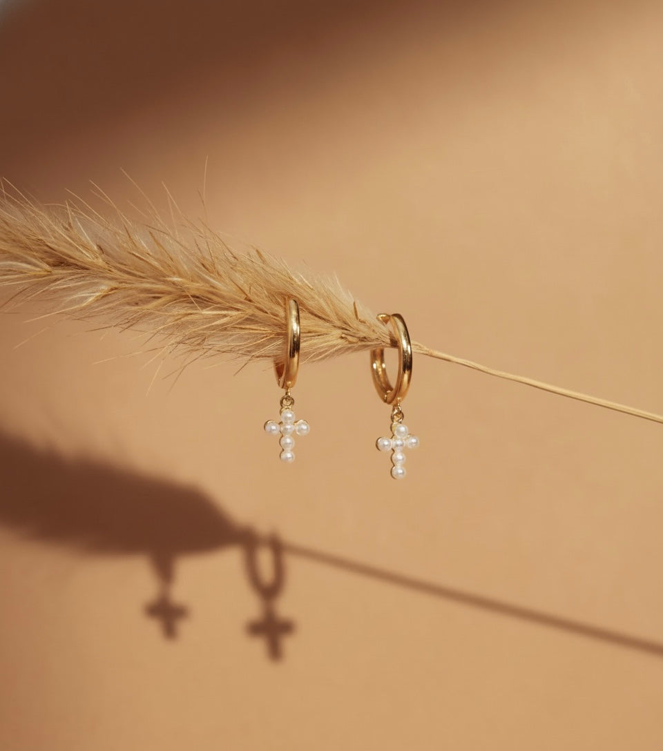 Pearl Cross Hoop Earrings