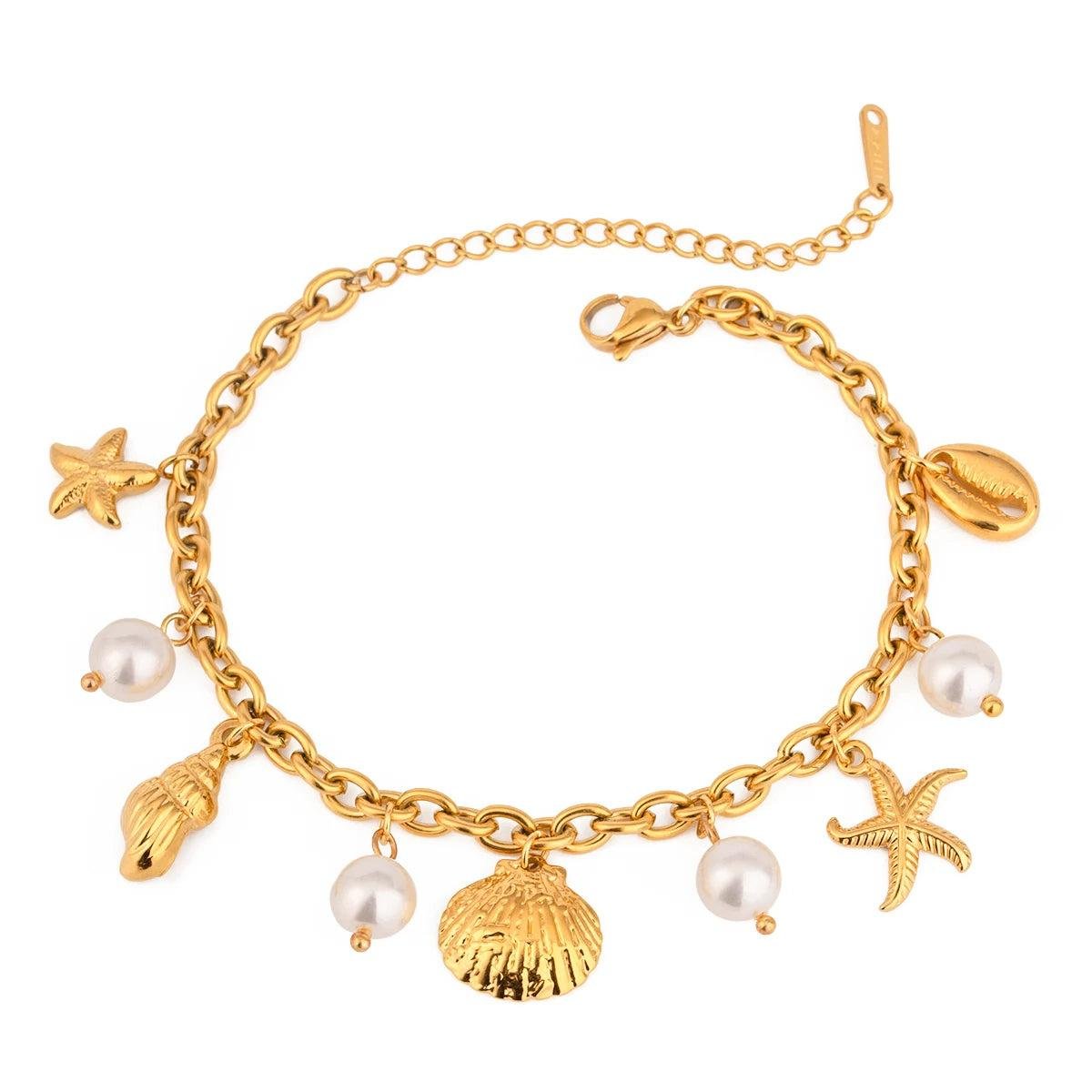 Gold Shell & Pearl Charm Bracelet