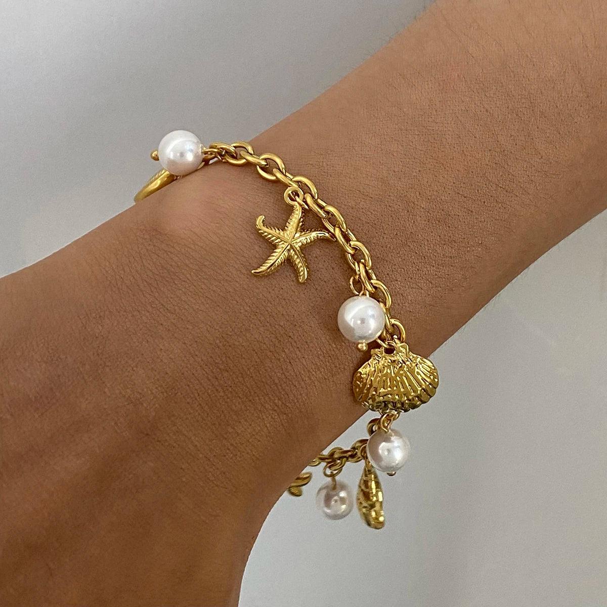 Gold Shell & Pearl Charm Bracelet