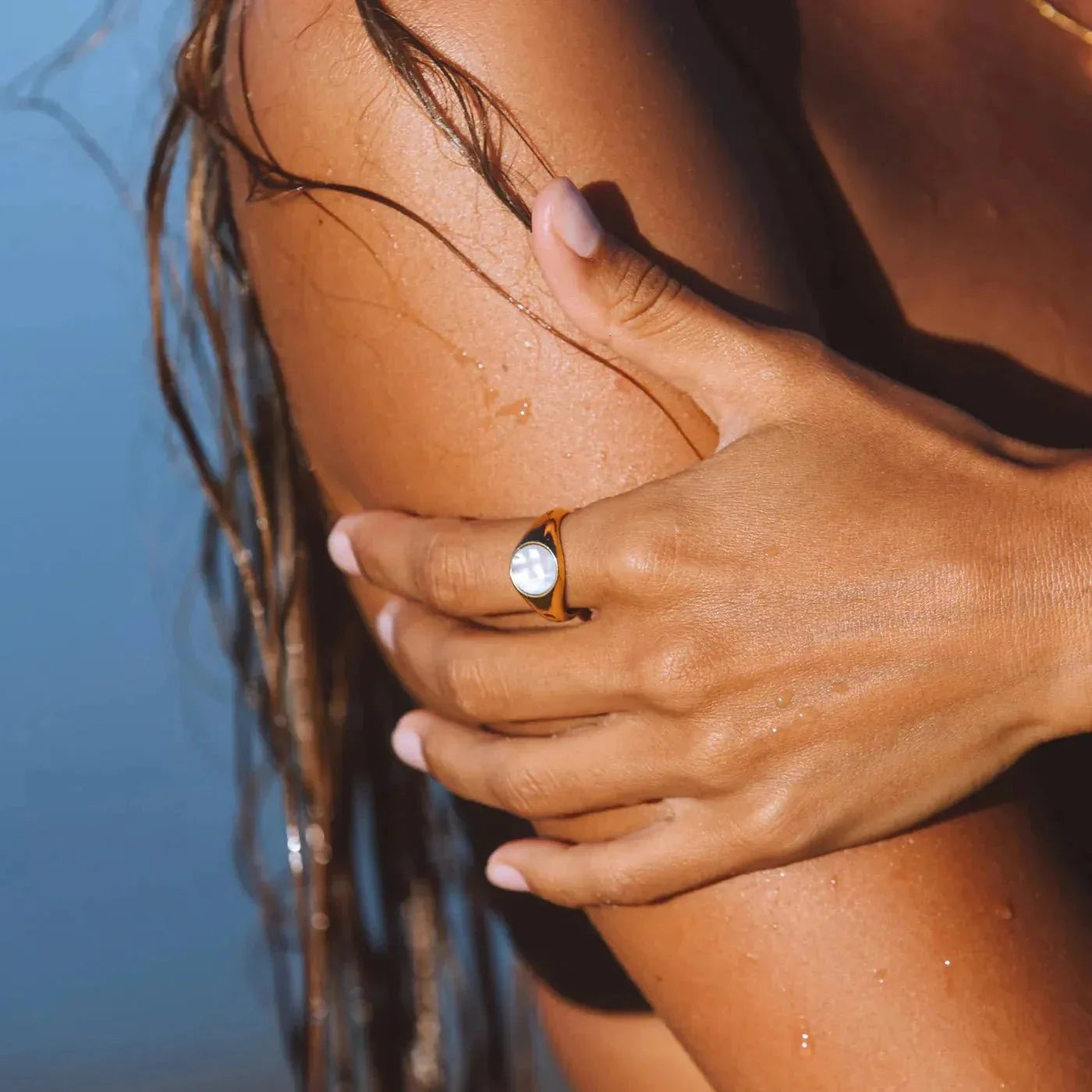 Gold Signet Ring with Iridescent Shell