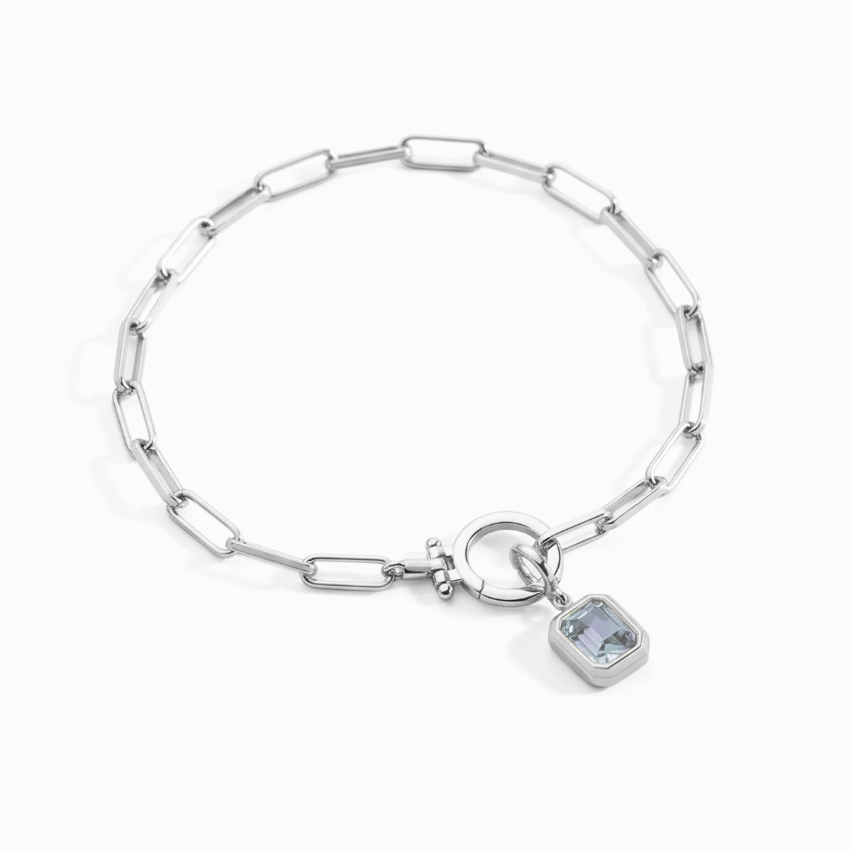 Baguette Birthstone Charm on Mint Paperclip Bracelet