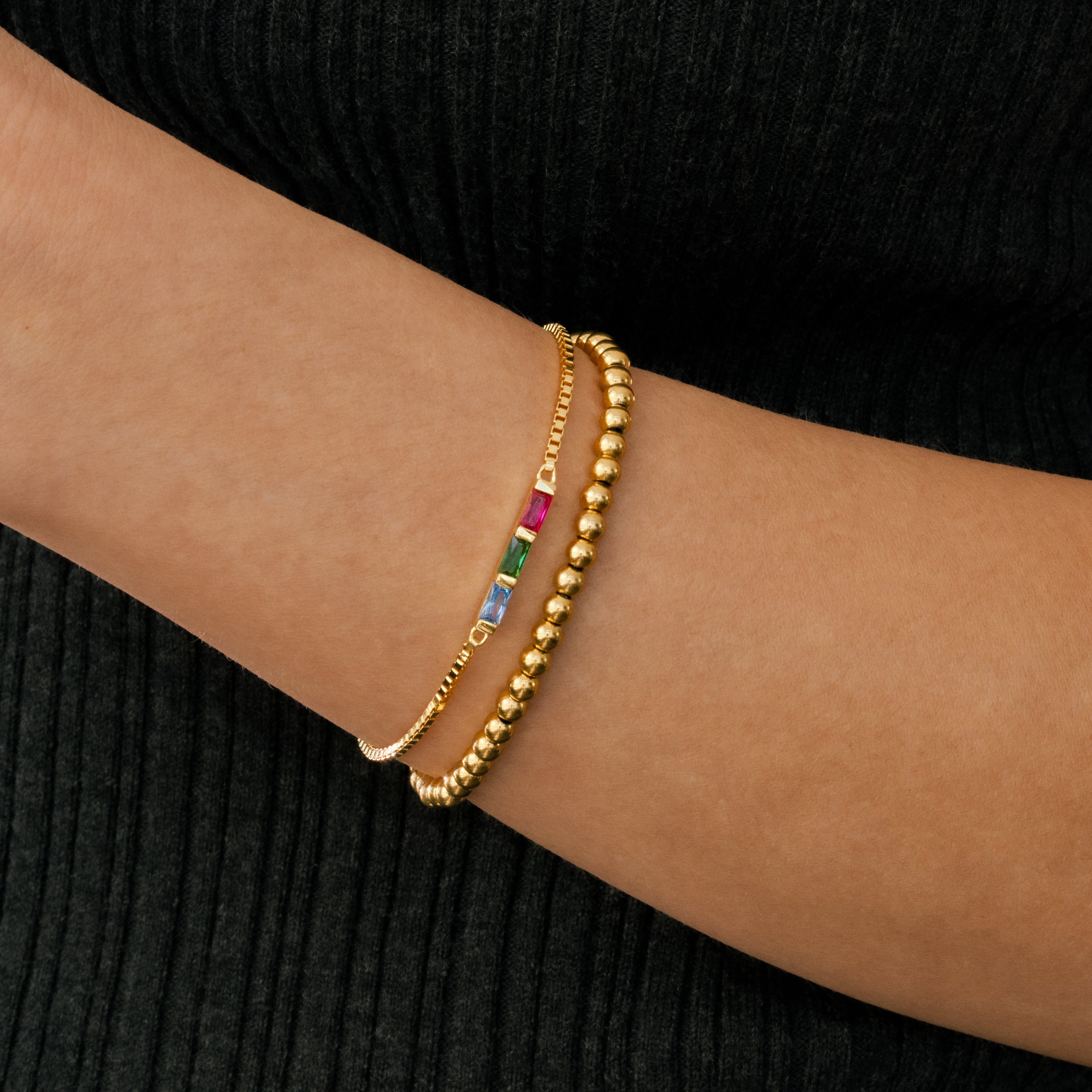 Dainty Baguette Birthstone Bracelet and Beaded Stacking Bracelet Set
