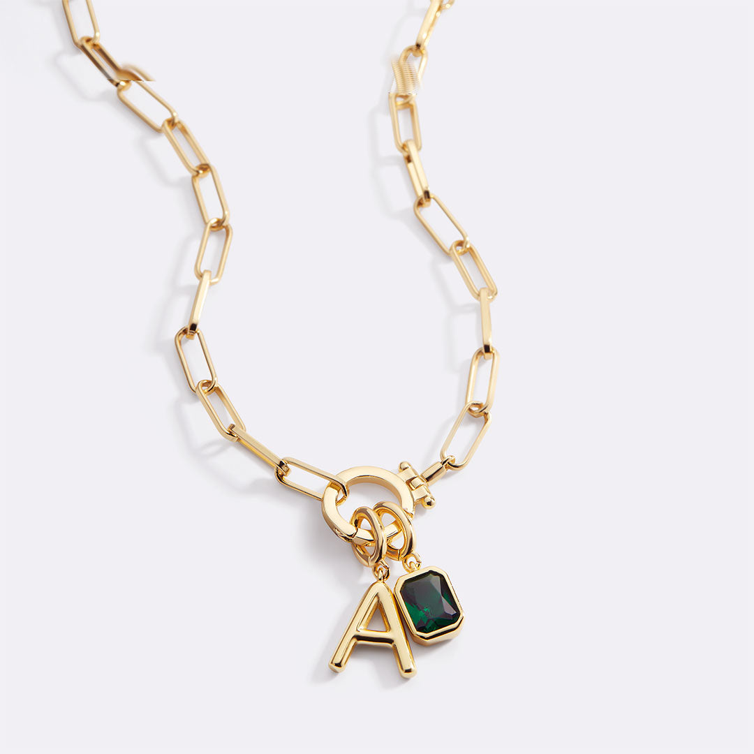 Voure Paperclip Necklace with Initial & Birthstone Charm