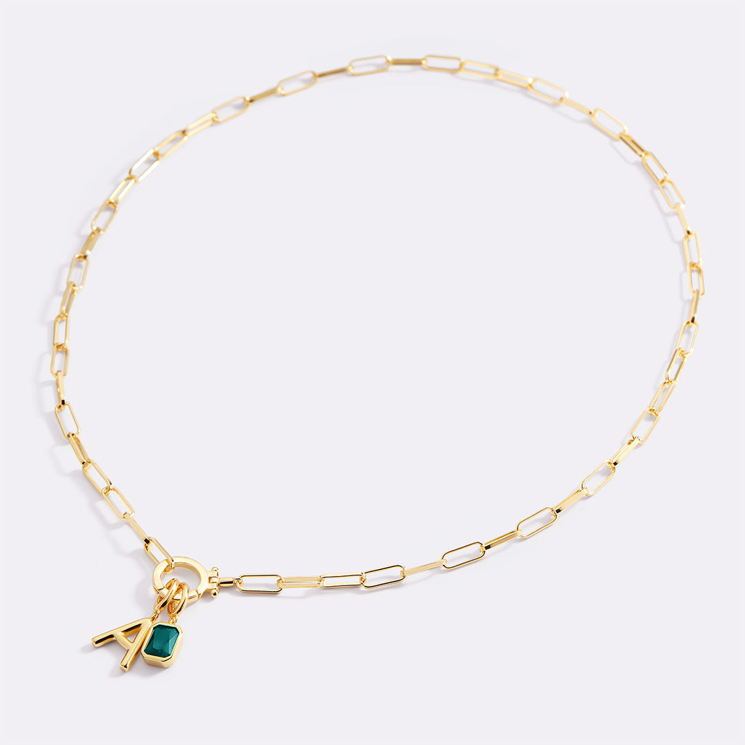 Voure Paperclip Necklace with Initial & Birthstone Charm