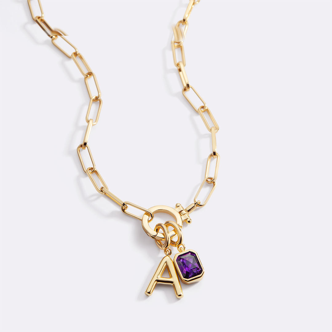 Voure Paperclip Necklace with Initial & Birthstone Charm