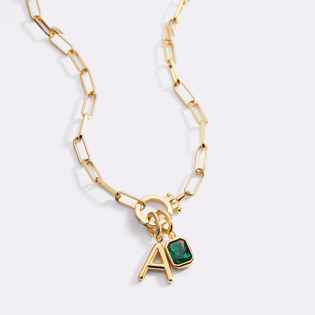 Voure Paperclip Necklace with Initial & Birthstone Charm