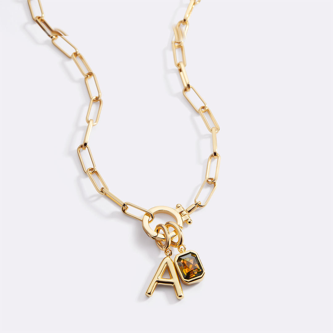 Voure Paperclip Necklace with Initial & Birthstone Charm