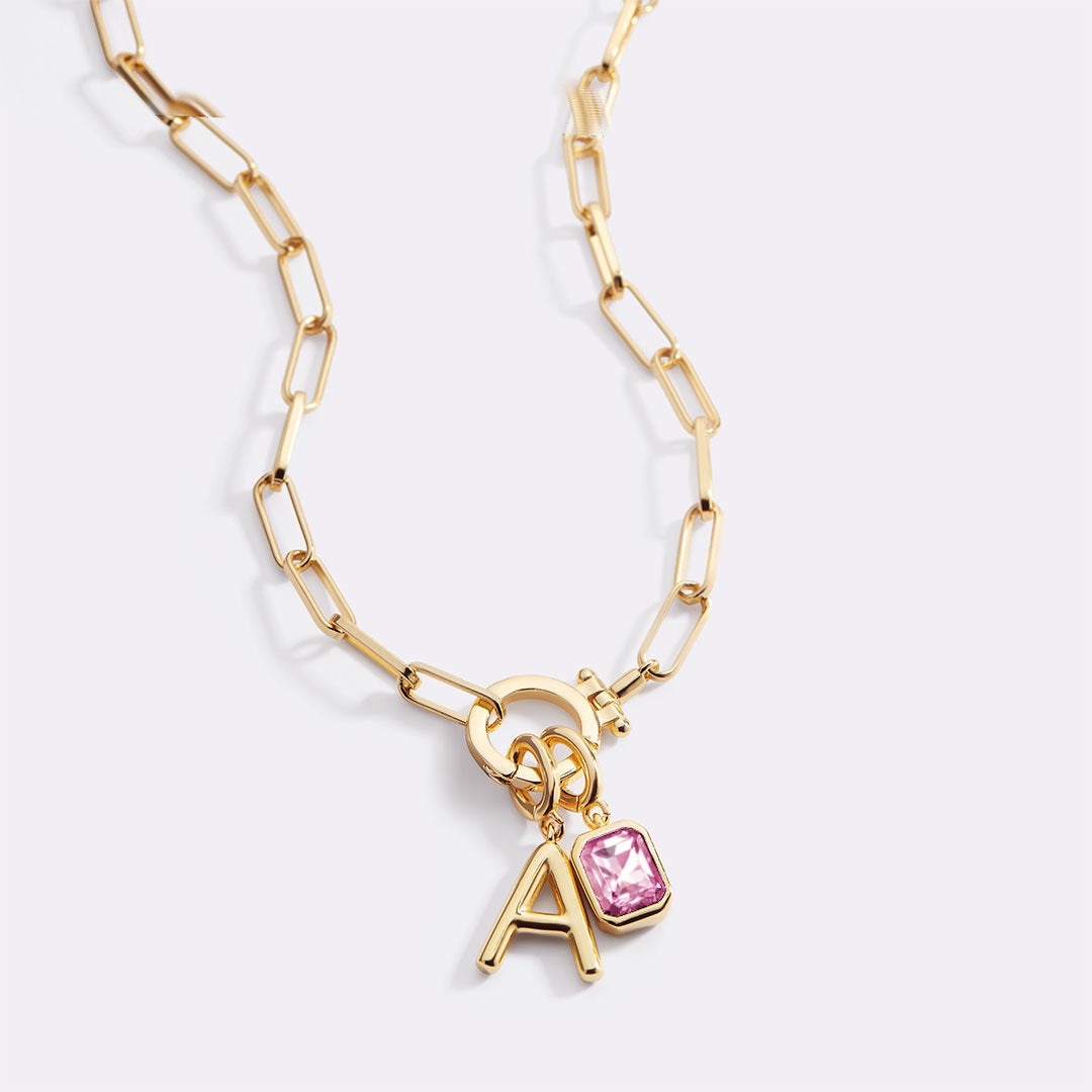 Voure Paperclip Necklace with Initial & Birthstone Charm
