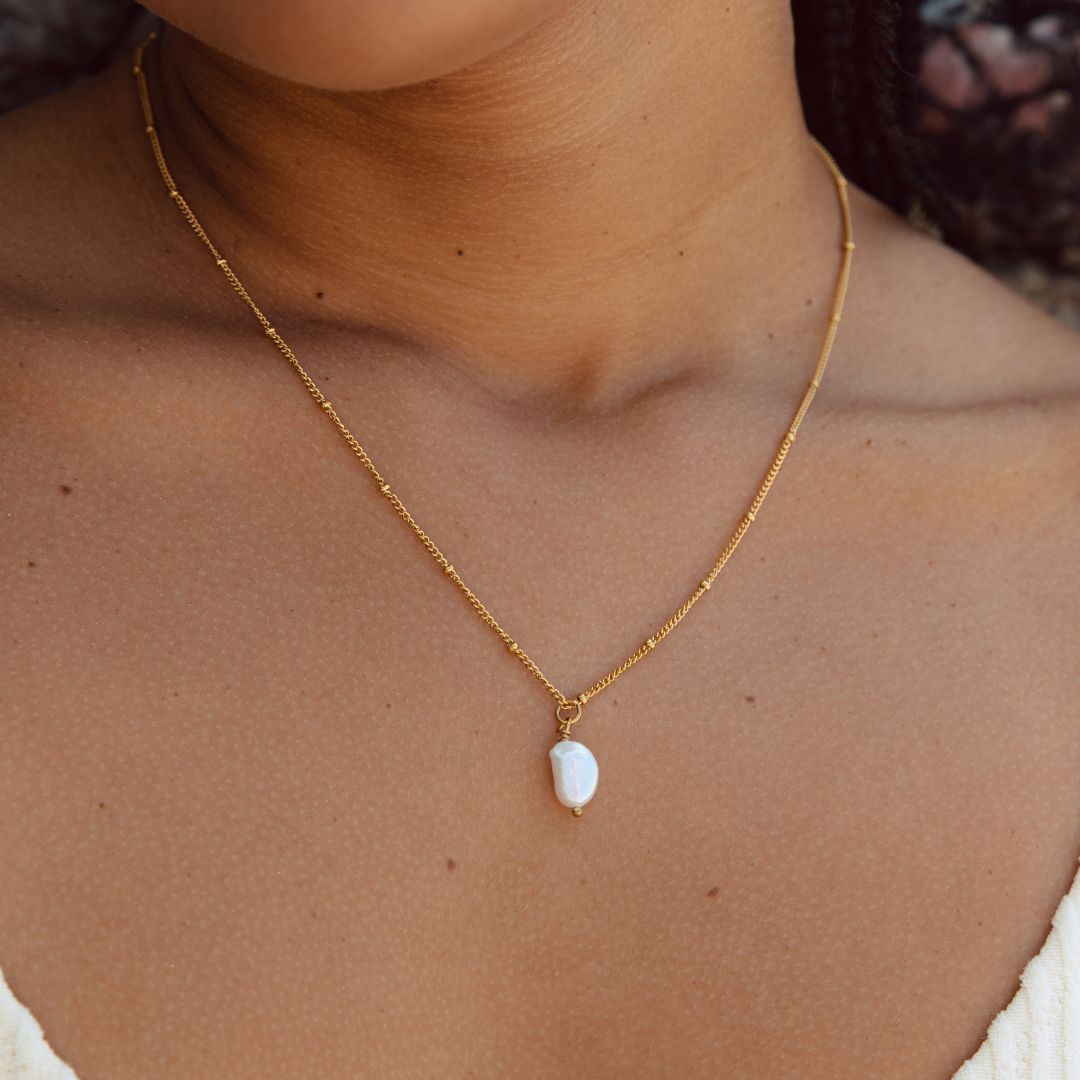 Gold Pendant Necklace with Natural Pearl Drop
