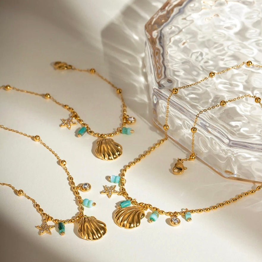 Gold Shell Jewelry – Turquoise Beaded Necklace, Bracelet, or Set
